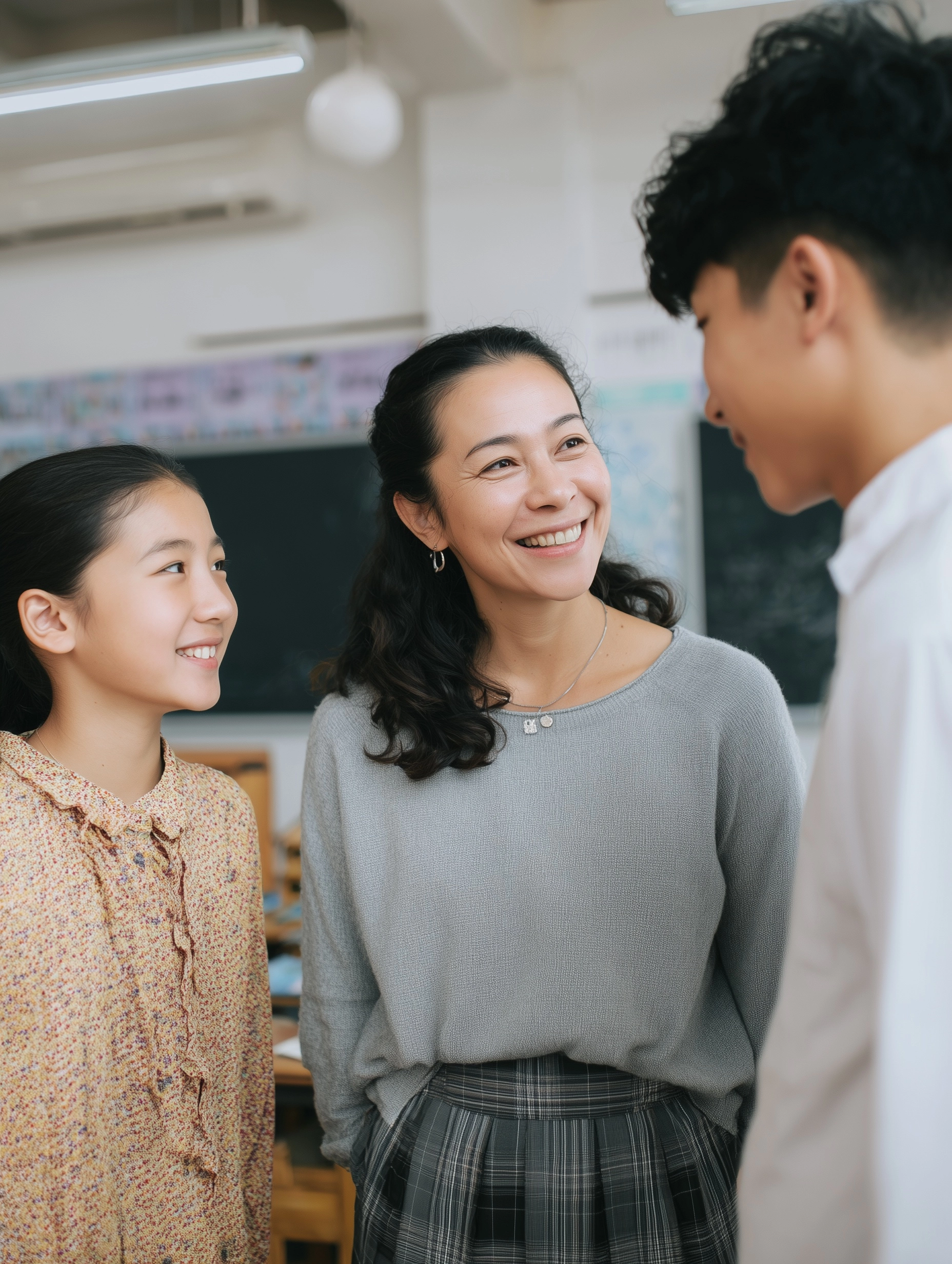 There are three people in the picture: a Chinese mother, her junior high school student