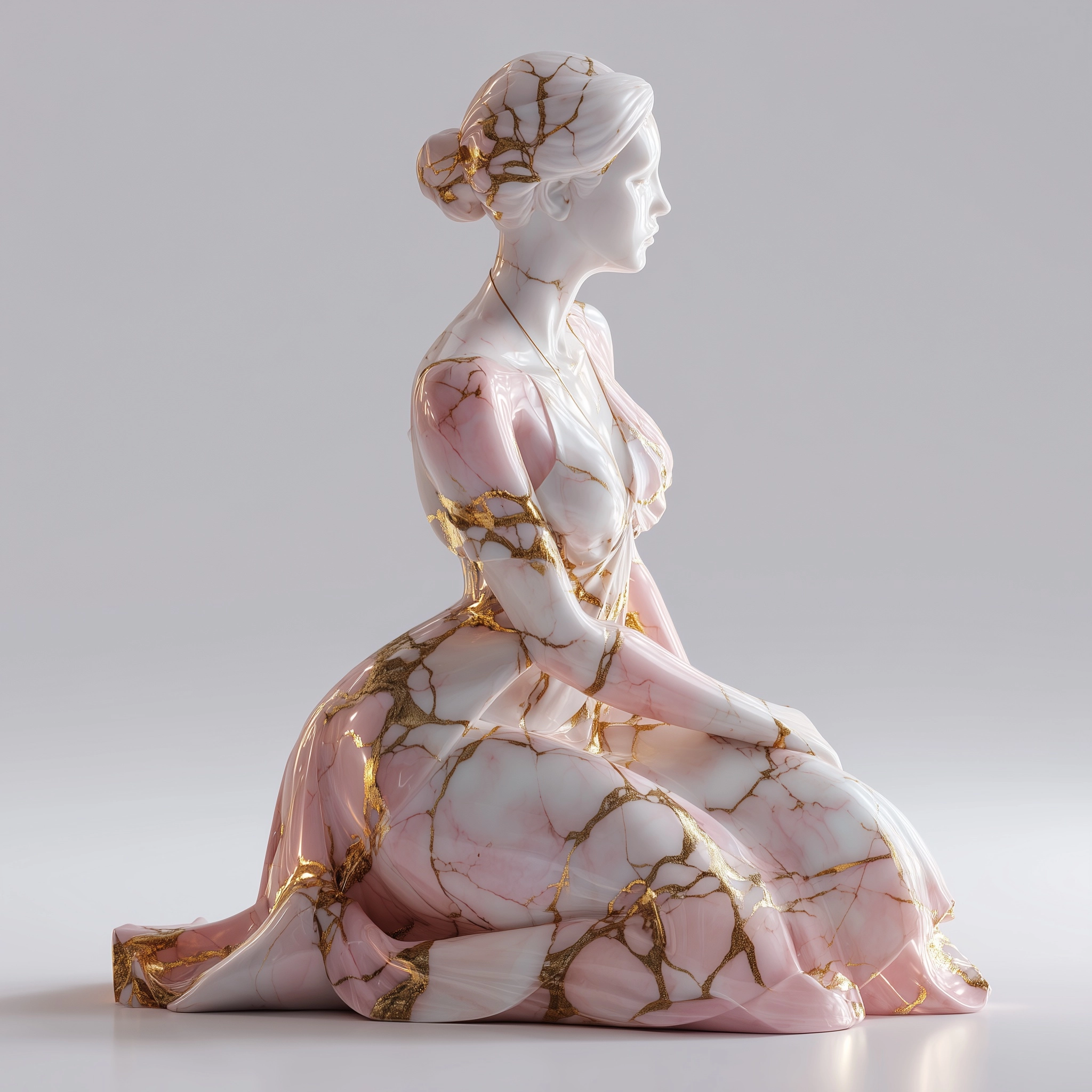 A beautiful, graceful female figurine made of pink marble with gold veins, in an elegant dress