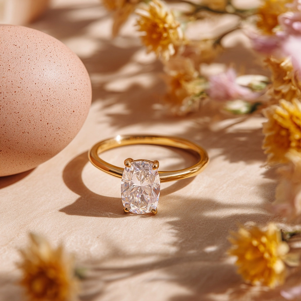 Hipperrealistoc product photo of a gold diamond ring, minimalistić, easter vibe