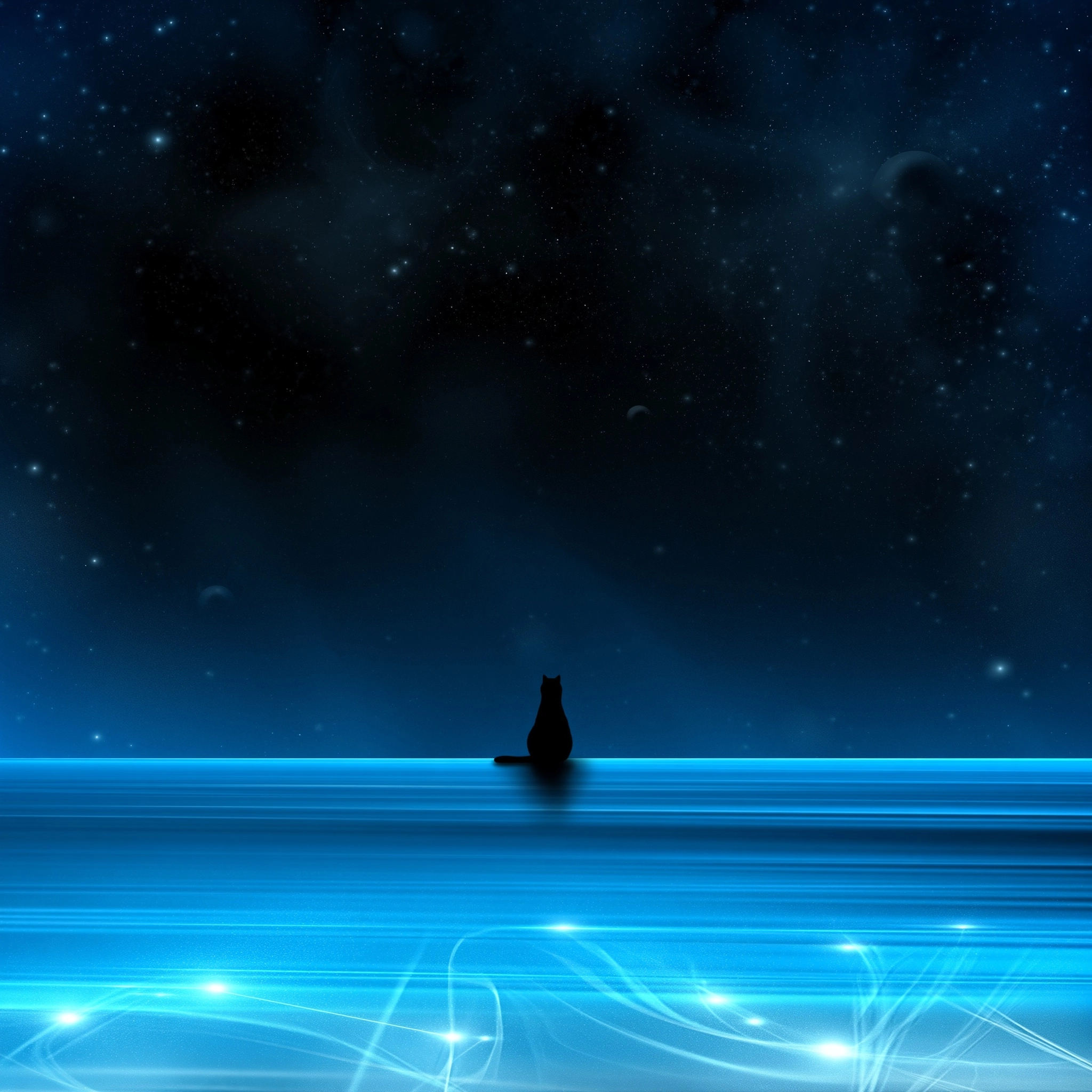 A serene comforting digital art illustration, depicting a distinct matte black cat silhouette sittin