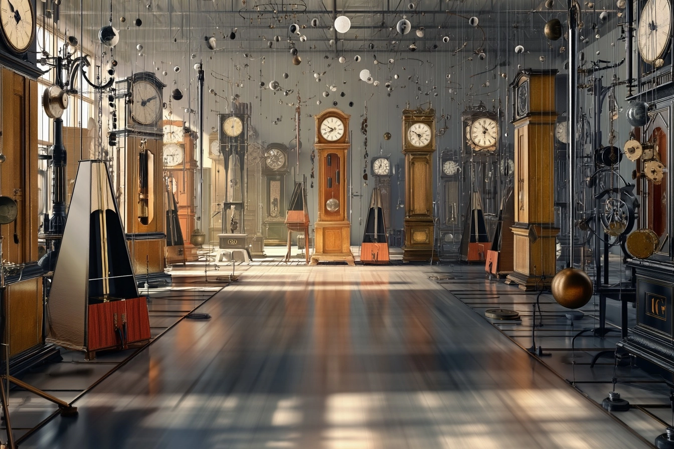 Imagine prompt: A photorealistic grand clock court of tall face-less clocks, metronomes