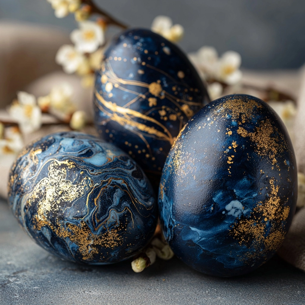 Dark blue three easter eggs with gold dusts