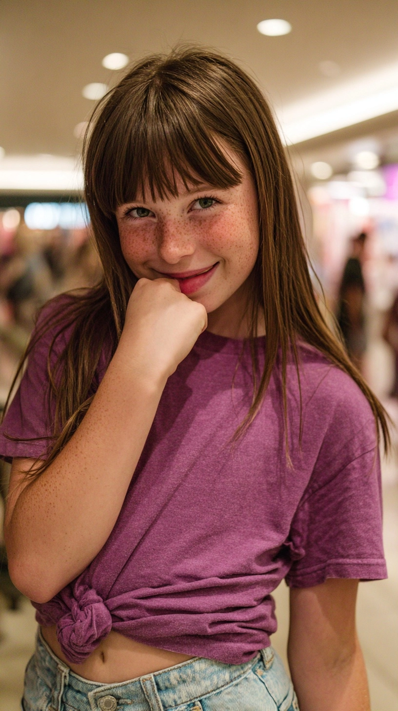 A 9-year-old girl with straight brown hair and bangs. She is smiling and posing in a mall