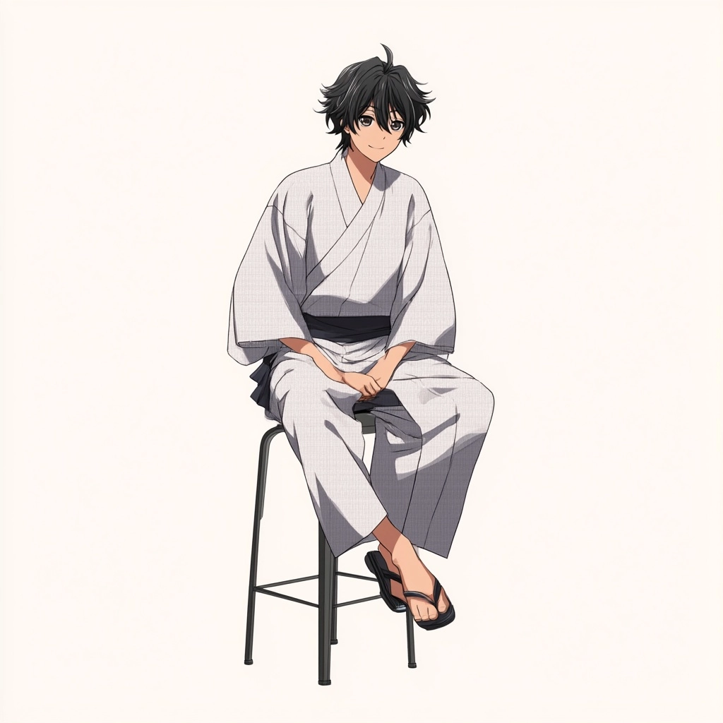 A full body long-haired teenage boy wearing a yukata, sitting on a tall chair, high stool