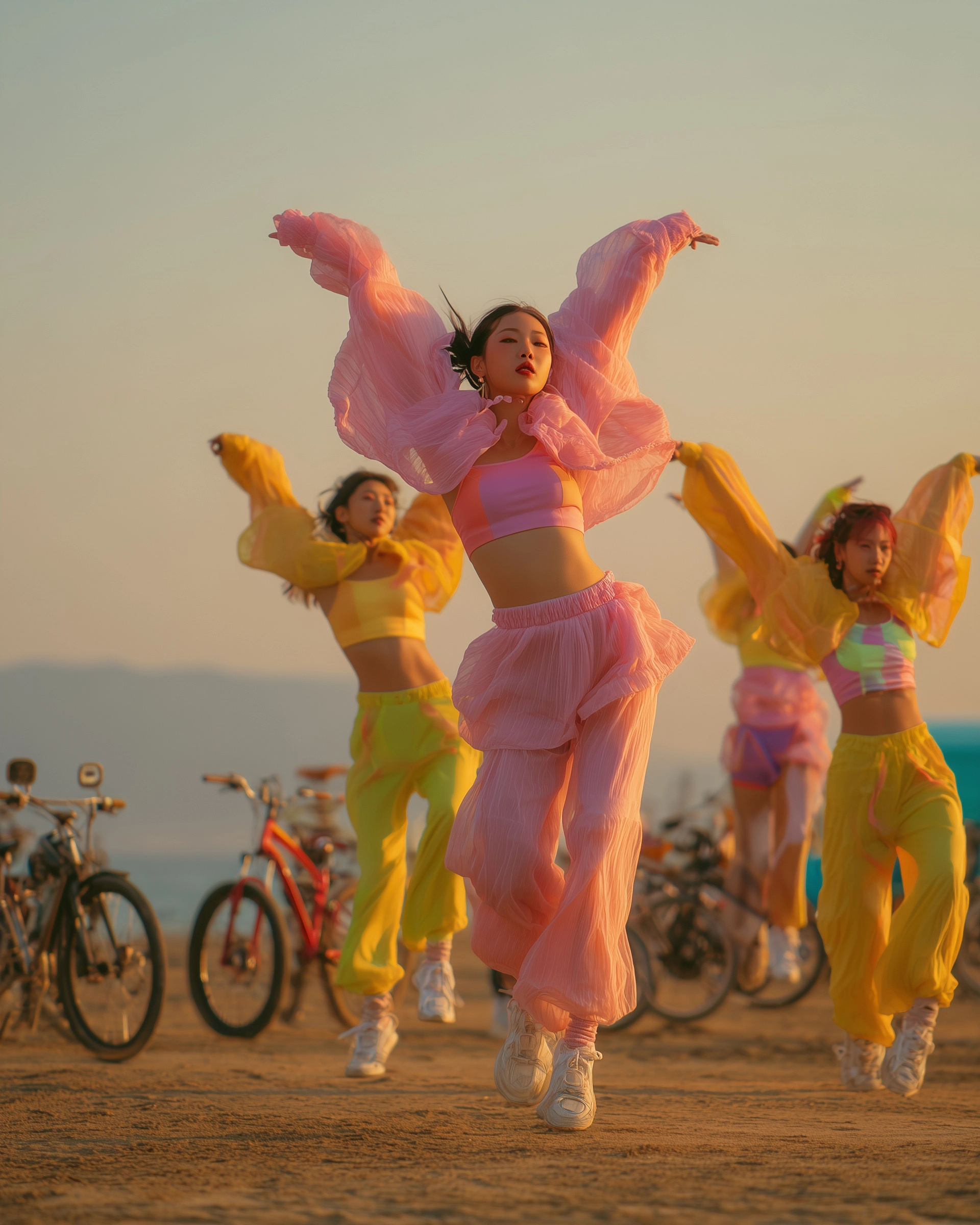 K-pop girl group dance performance on beach, perfectly synchronized choreography, powerful poses