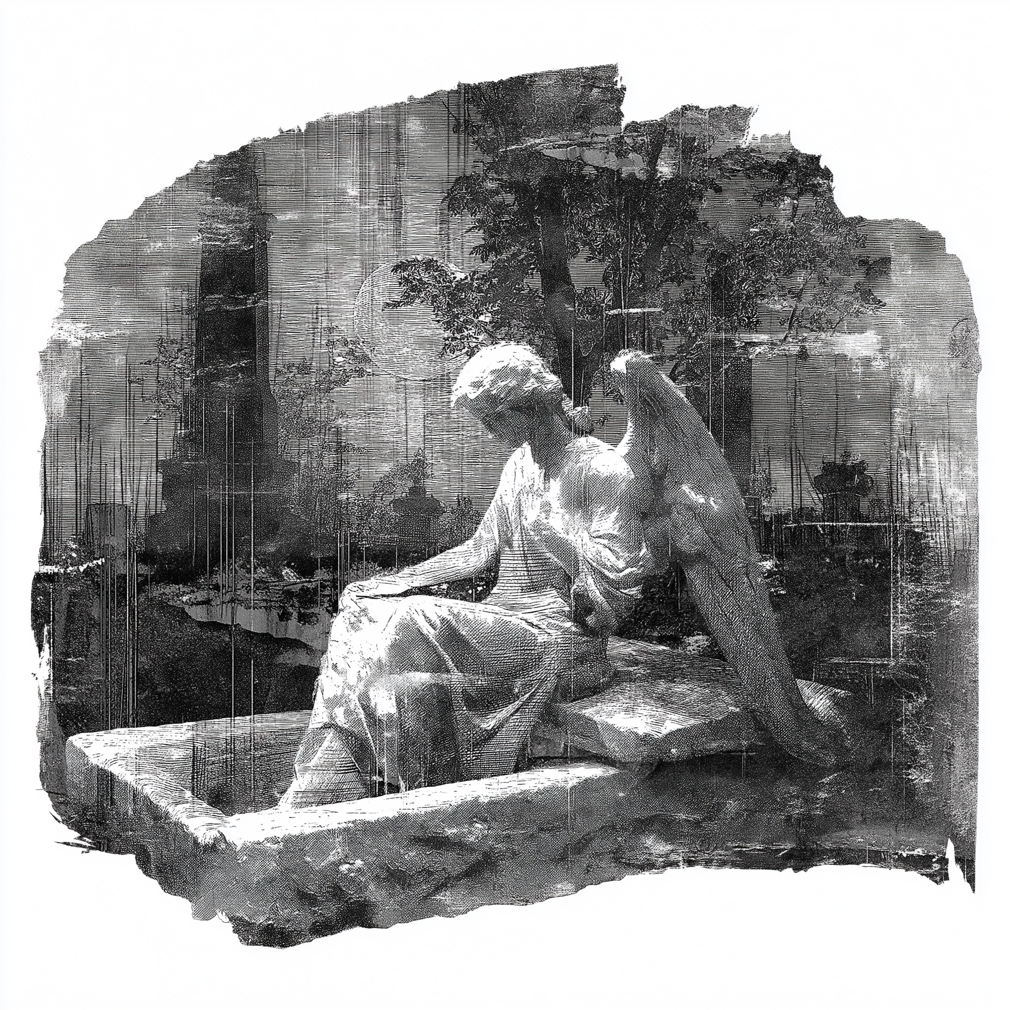Vintage clipart for scrapbooking, a vintage angel statue sitting on an open grave in a cemetery at n