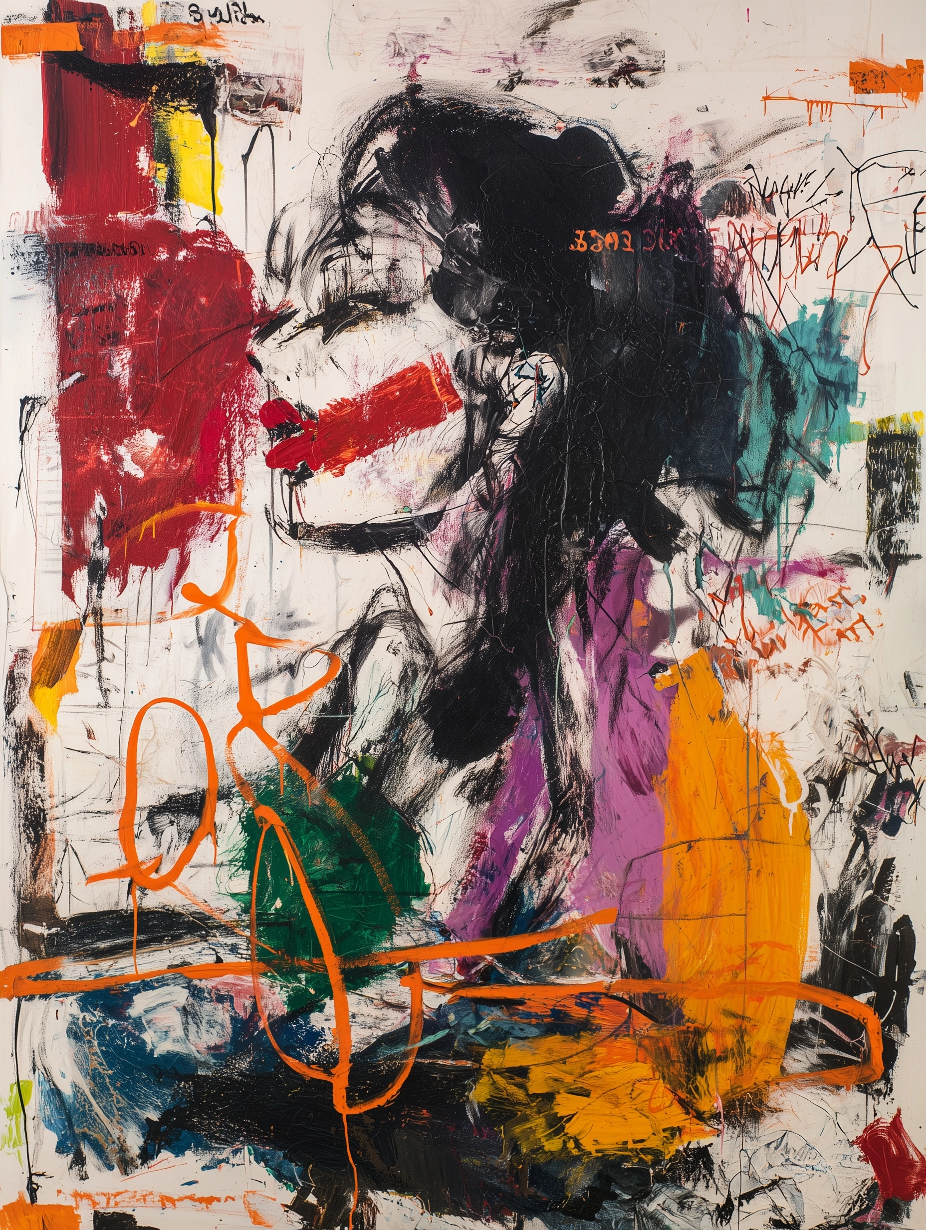 An abstract painting of a female dancer with red kiss lips