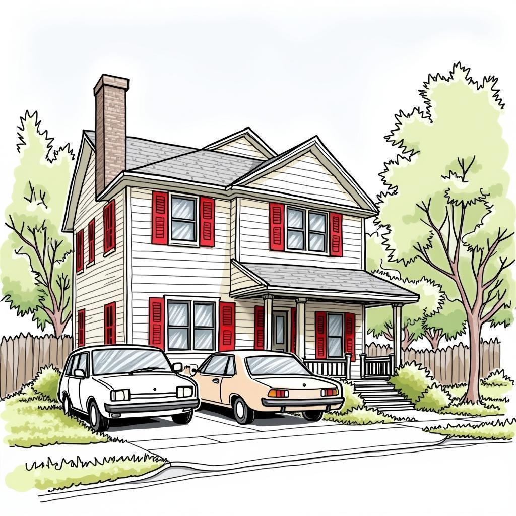 Whiteboard Bungalow With Red Shutters and Porch