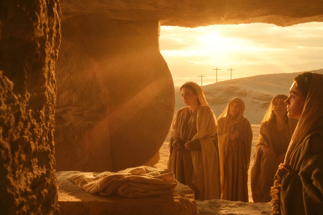 Ancient biblical scene outside a rock-cut tomb at golden hour