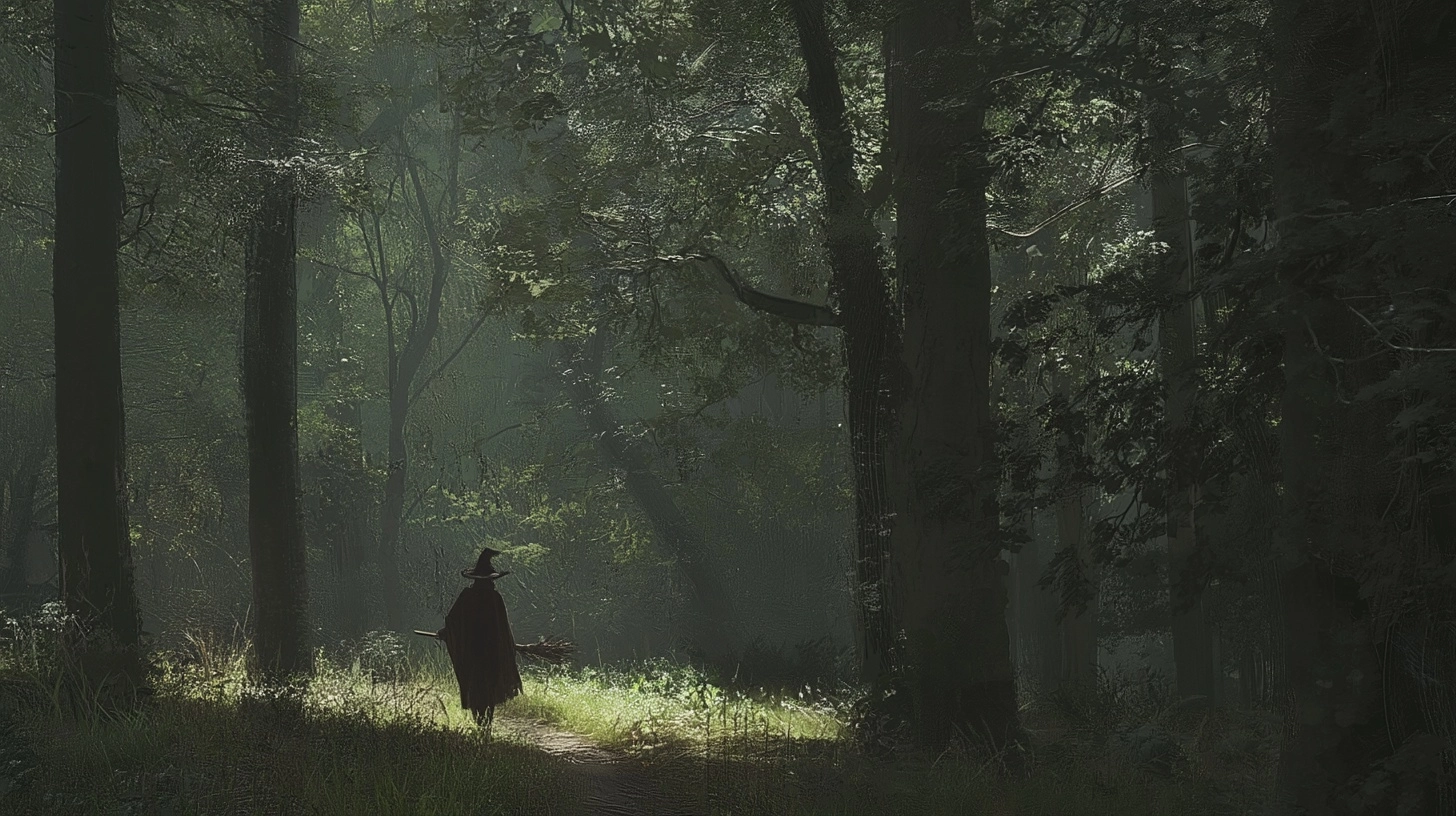 A witch walking inside a forest