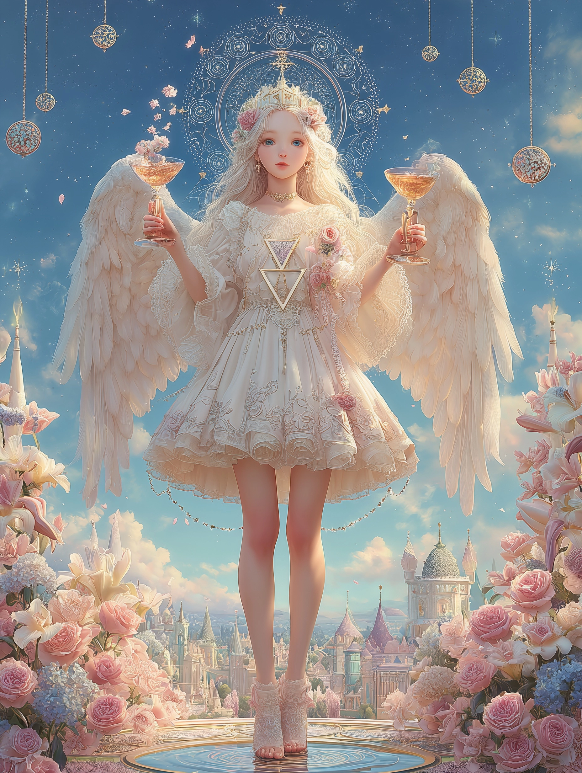 Tarot card illustration of Temperance, a winged angel figure standing with one foot on land and one