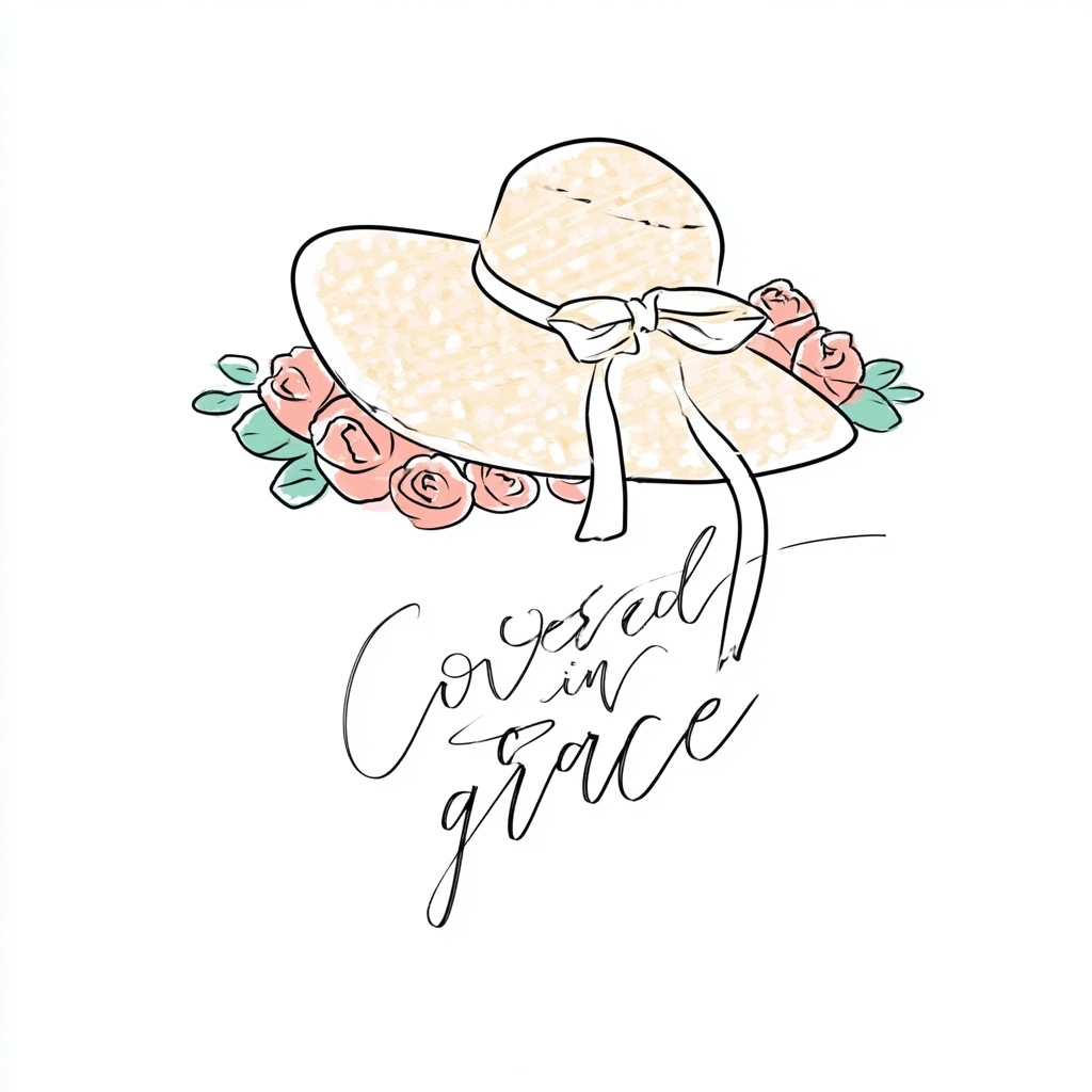 Atercolor sketch illustration, wide brim hat with bow and ribbon