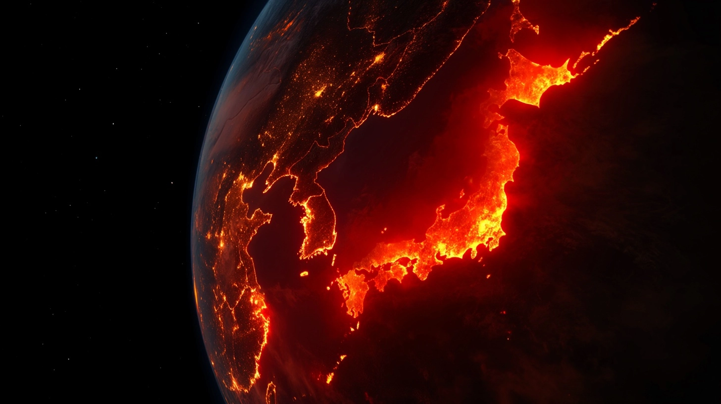 Satellite view of Japan from space, the archipelago glowing bright red and orange as if on fire