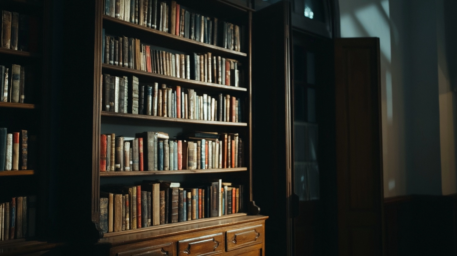 A dimly lit room with two tall wooden bookshelves filled to the brim