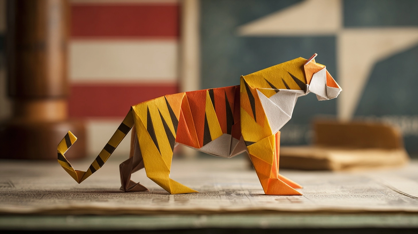 A tiger made our of paper (oregami even) on a table. There is also the nato flag on the same table
