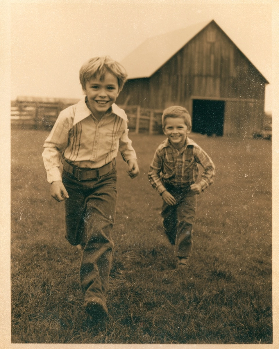Nostalgic, vintage photo from the 1970s of two young boys running towards the camera. They're smilin