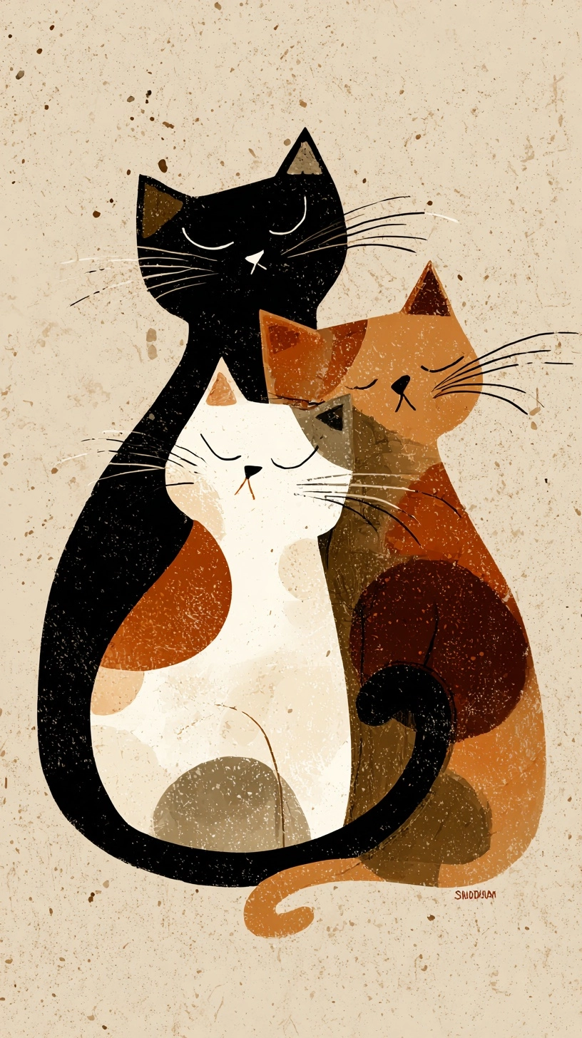 Three cute cats in printed , illustration in the style of carole spandau, minimalistic