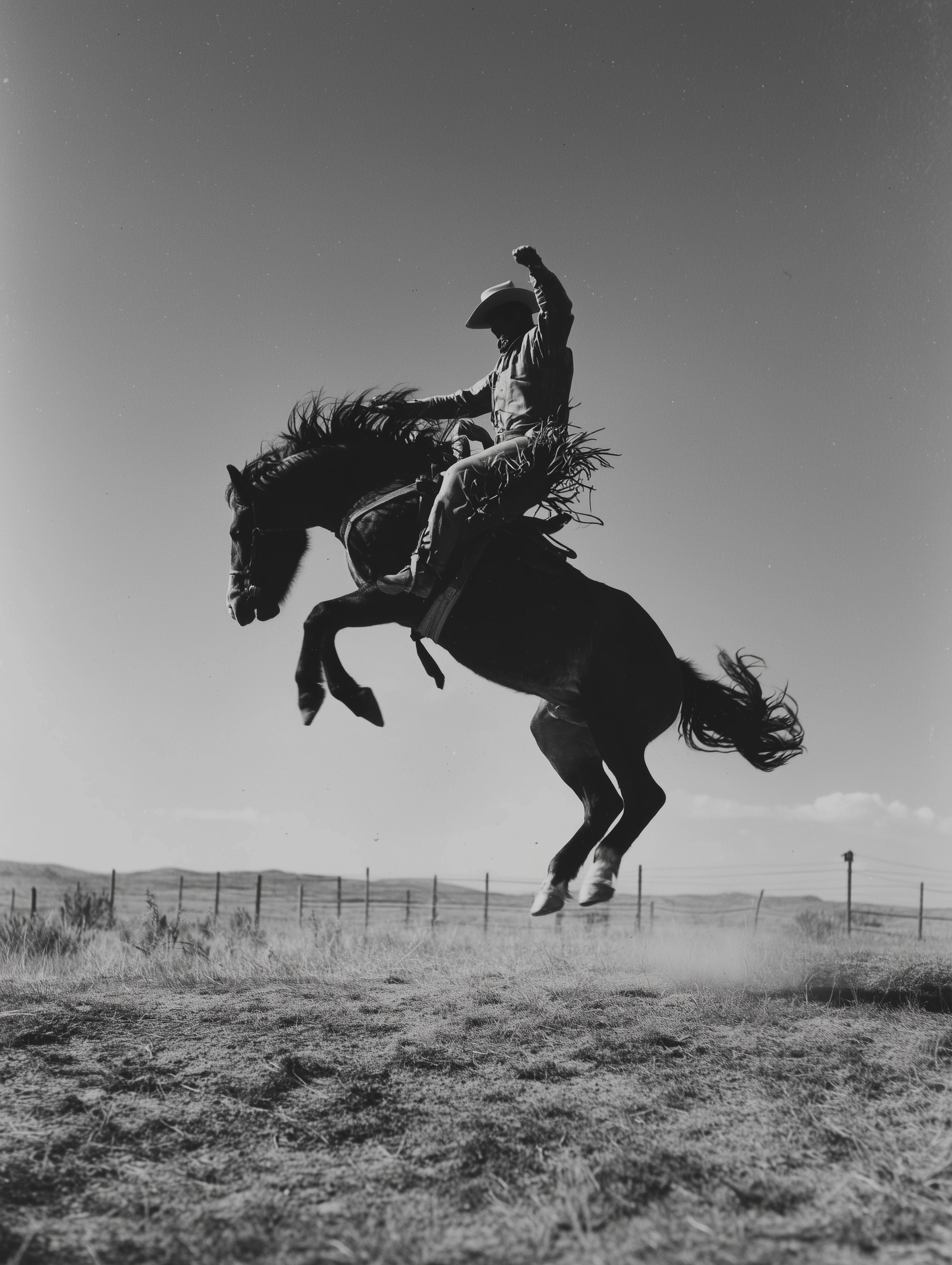 A cowboy on horseback, facing the camera and throwing his hat in mid-air while riding a bucking bron