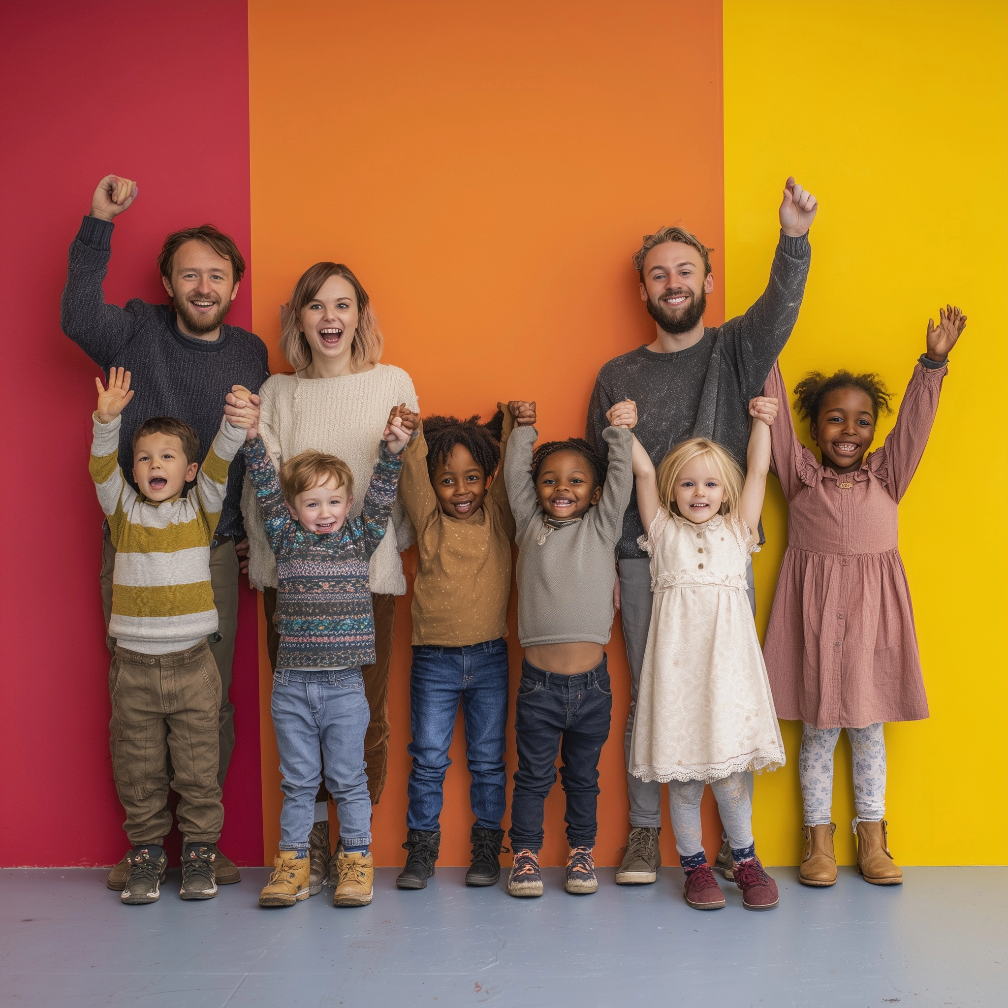 8 kids aged 2 to 7, with different heights and 2 female adults and 2 male adults, all excited