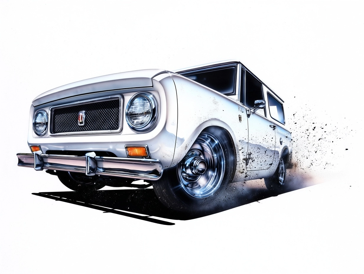 Side 3/4 view of a hyper-detailed airbrushed illustration of a 1969 International Scout with metalli