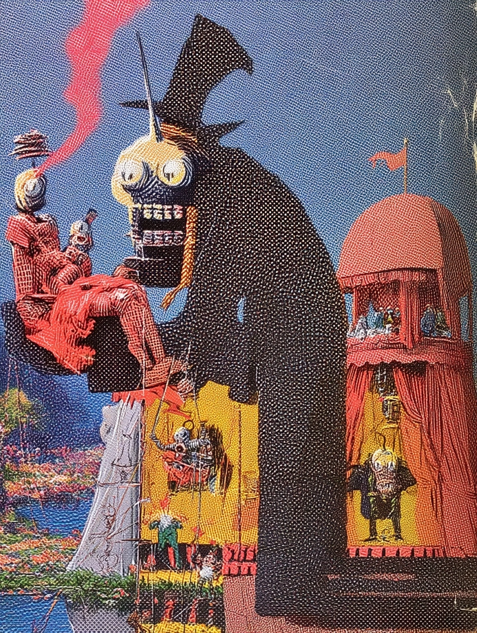 In the style of Monet, Vintage 1920s Sci Fi Pulp Magazine cover, Haunted Gothic circus