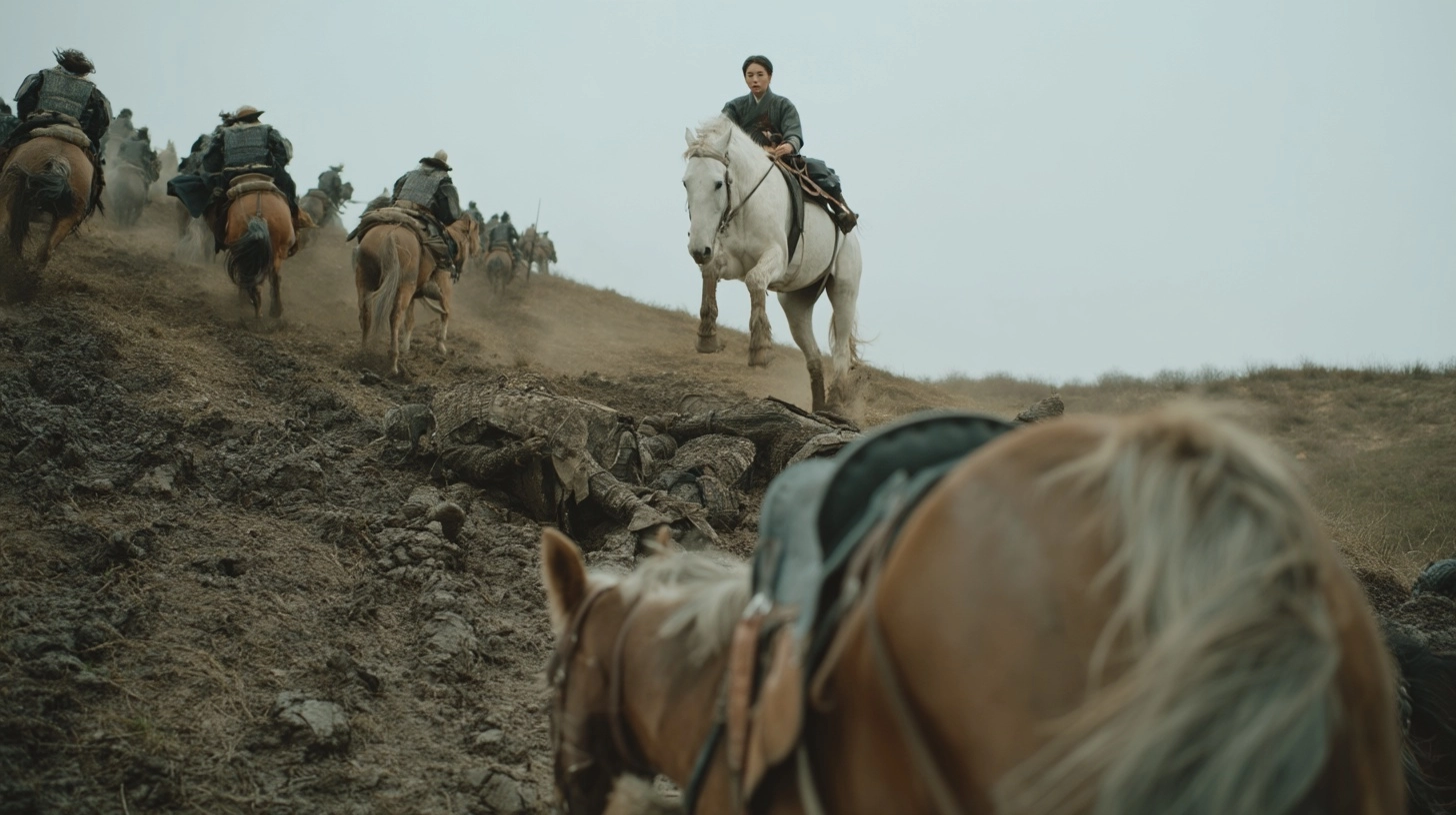 Low angle from below a hill looking upward, Mongolian enemy cavalry riding uphill away from camera
