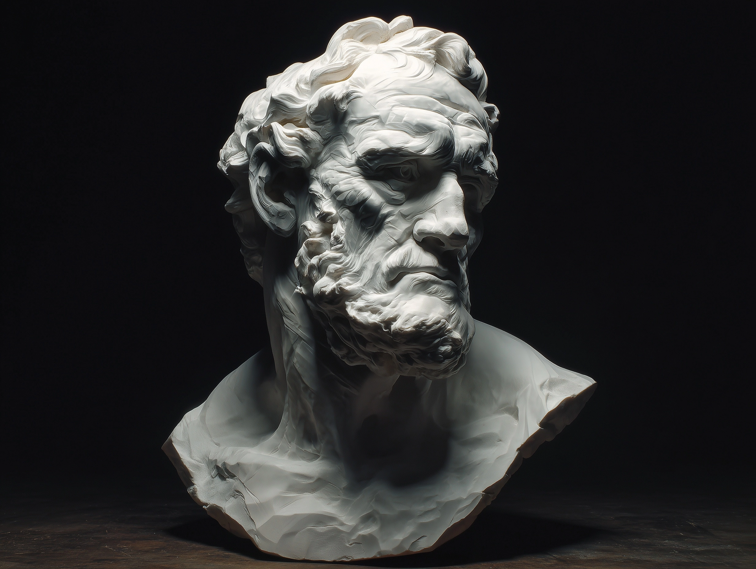 Create a very modern marble bust, realistic, black background