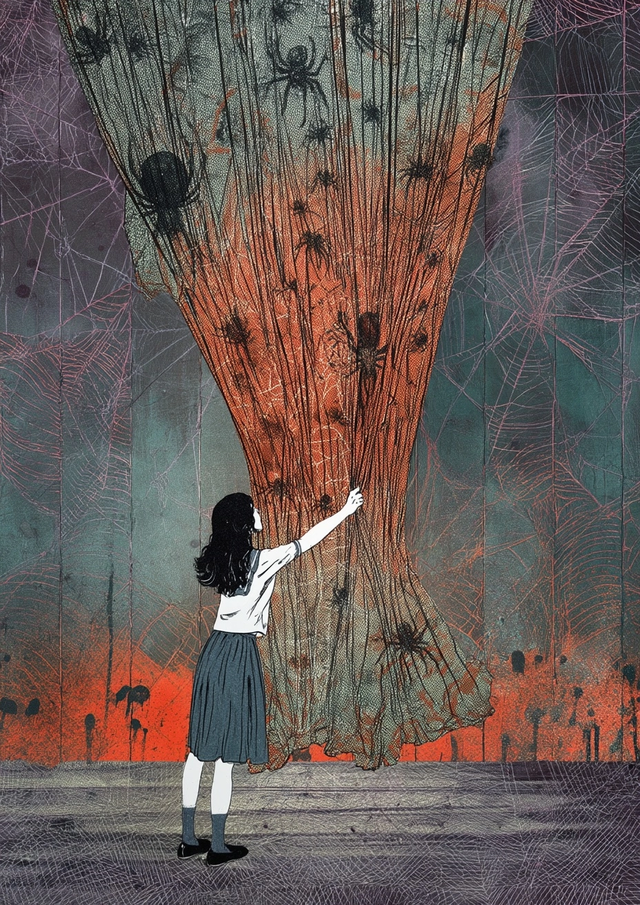 A young woman lifting a heavy curtain that stretches endlessly upward
