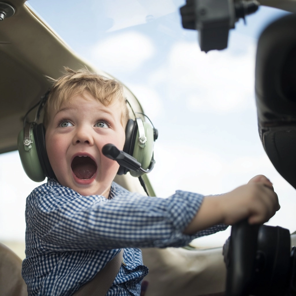 Small boy flying an airplane, hands on the controls, visible cockpit, bright sky
