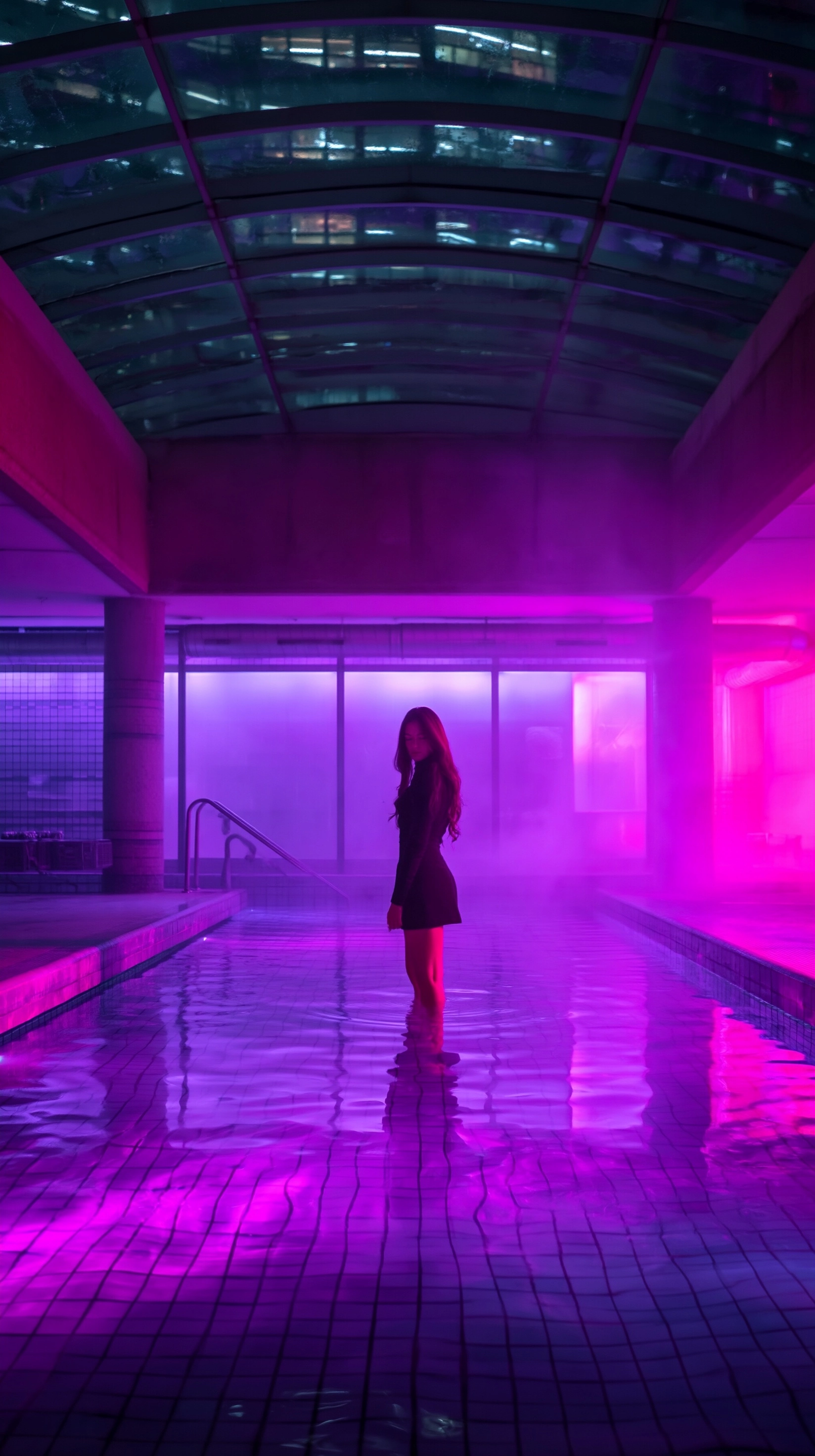 Cinematic still of a real life photo featuring a futuristic spa. purple and pink atmospheric aesthet