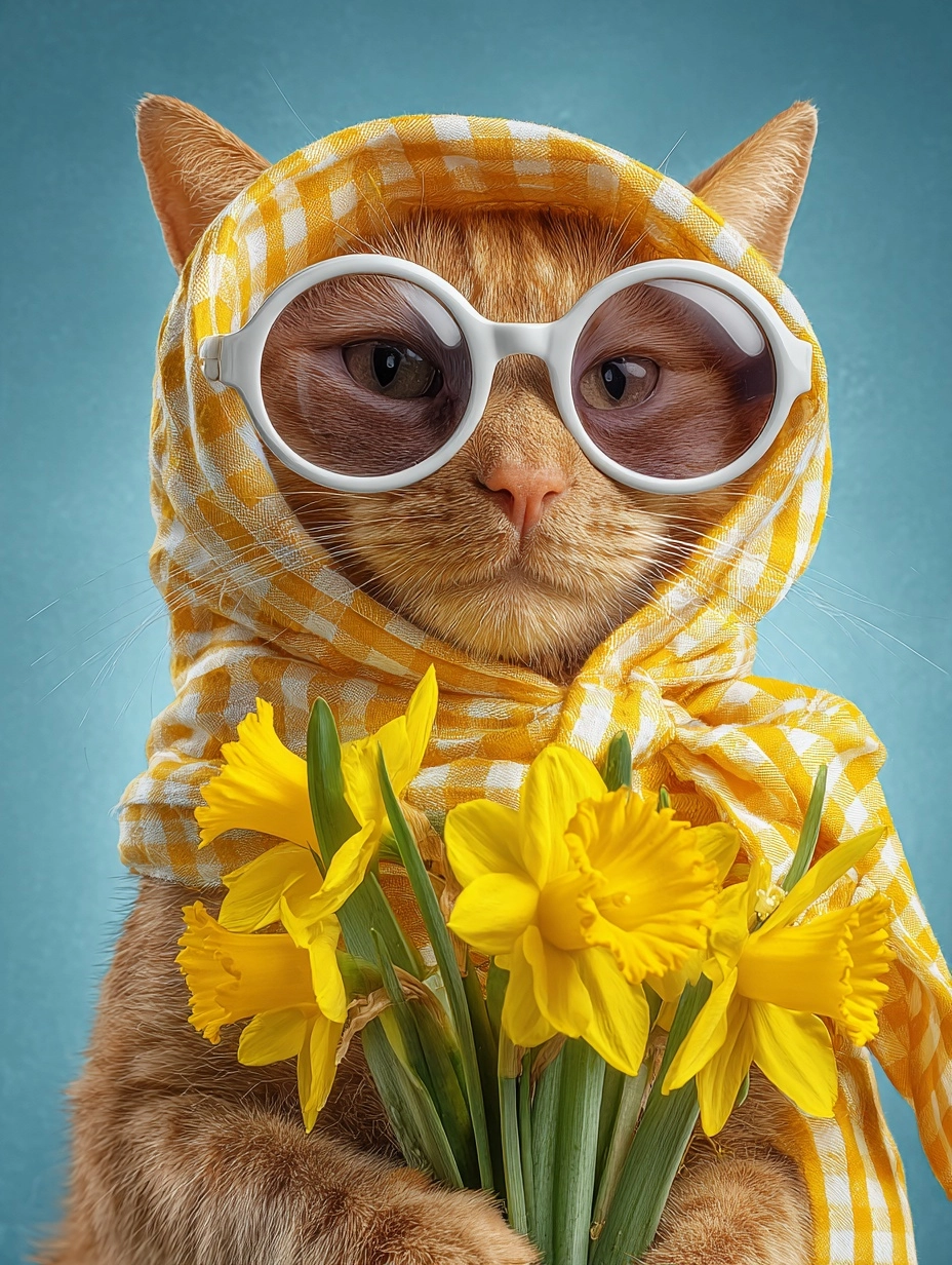 A funny ginger cat wearing white sunglasses and a yellow gingham headscarf