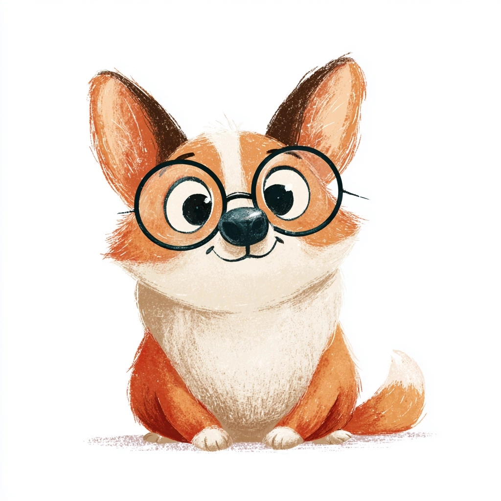 A cute corgi with big eyes and large glasses, a cartoon-style vector illustration, children's style