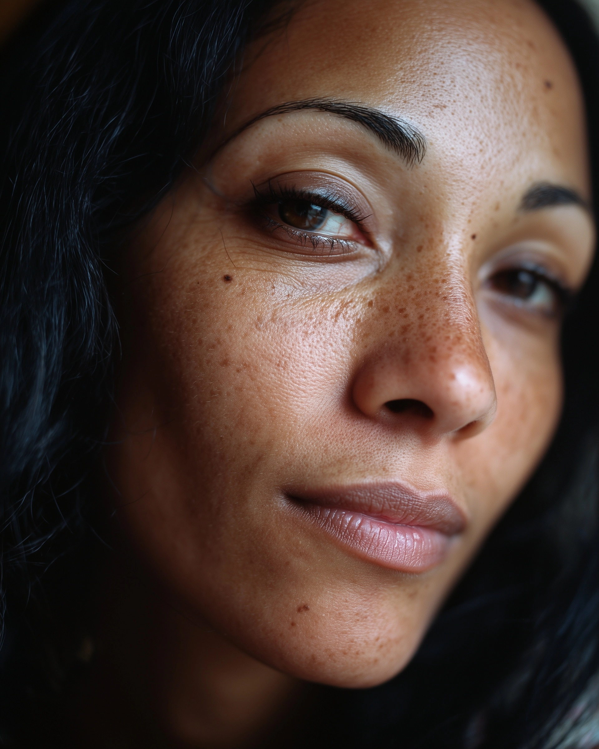A raw, candid editorial portrait of a woman with light brown skin, long natural black hair