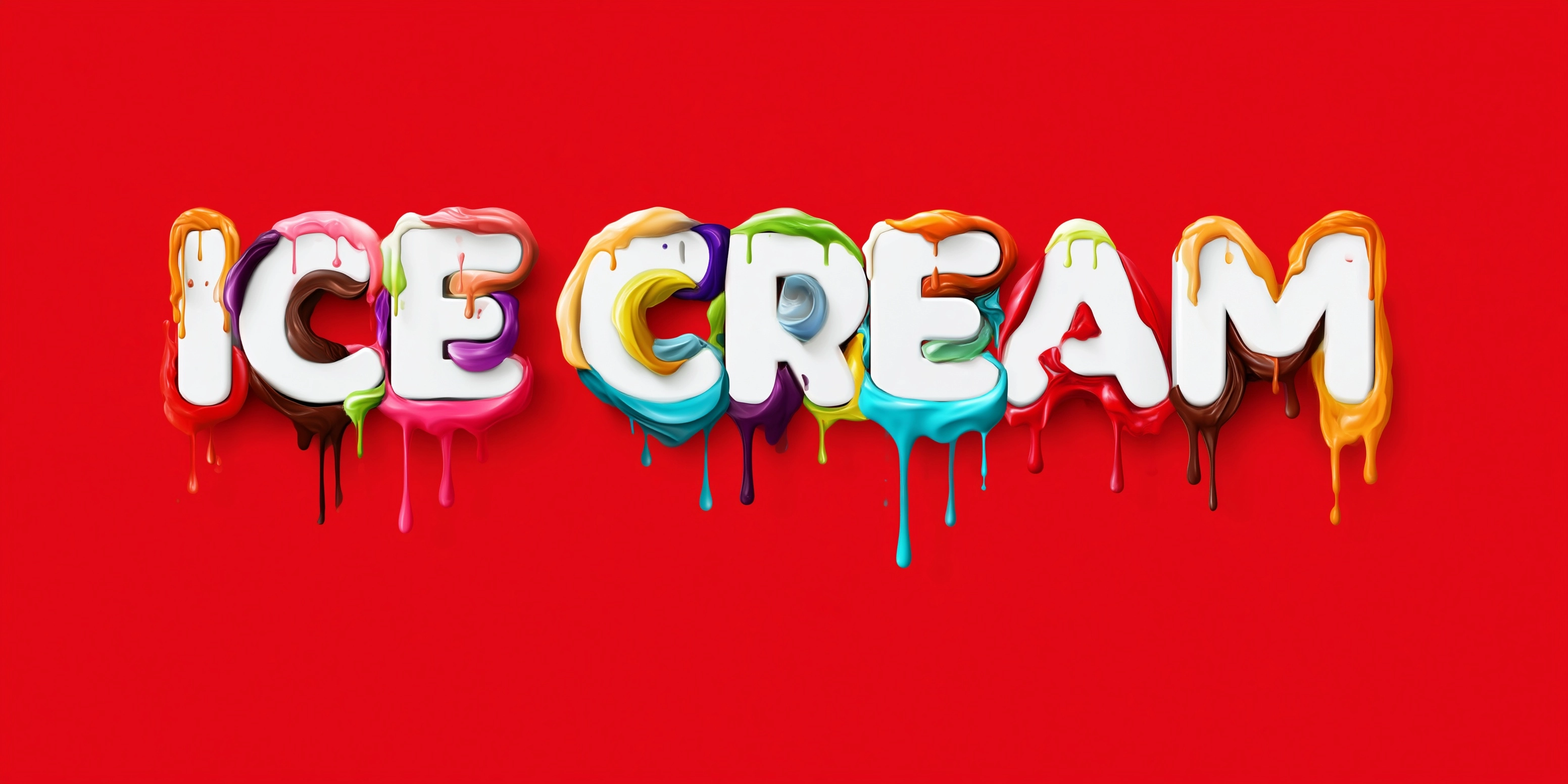 Realistic illustration art icecream ad, stylized white letters with red accents "ICE CREAM" with mel