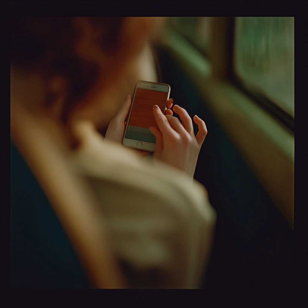A hyper-realistic 1:1 format documentary-still. A young Danish girl in a bus sitting by the window