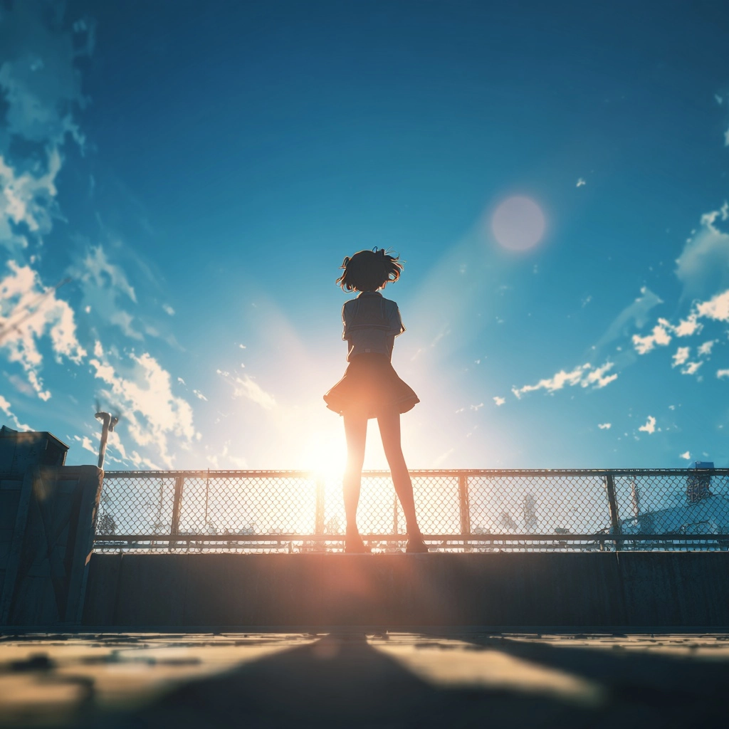 A silhouette of a cheerleader girl standing in backlight on a midsummer rooftop