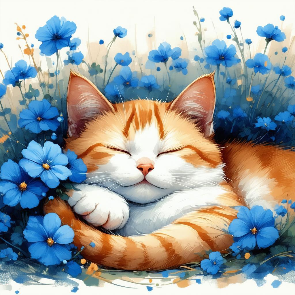 Sleeping Orange Cat in Blue Flower Fields