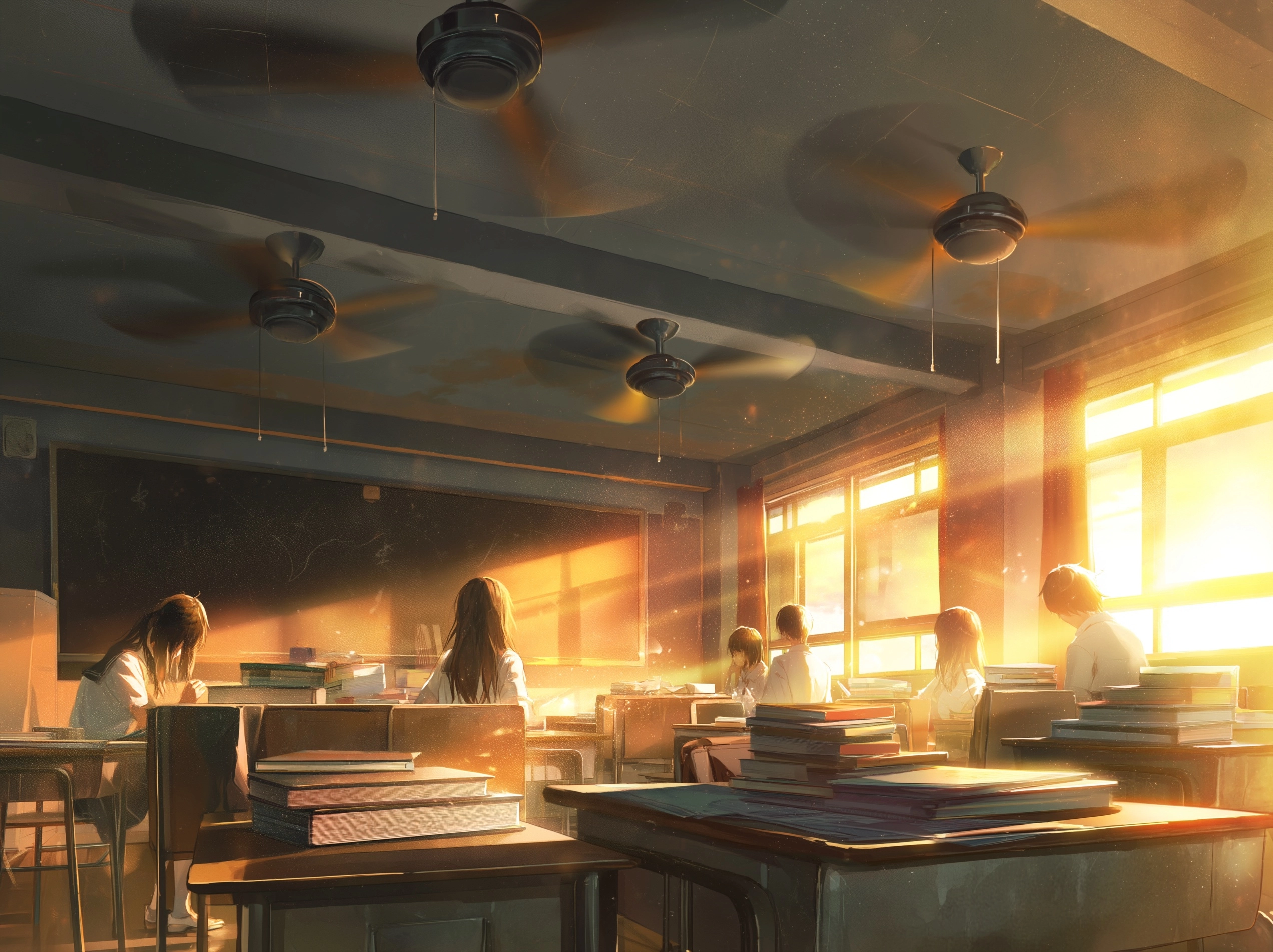 Anime style, high school classroom, afternoon sunlight streaming through window gaps