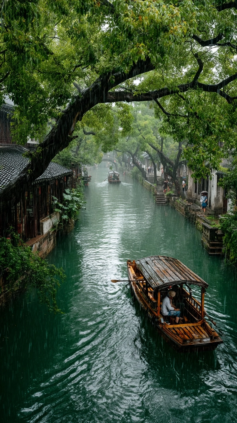A vertical, high-resolution photograph of an ancient Jiangnan water town canal during a moody