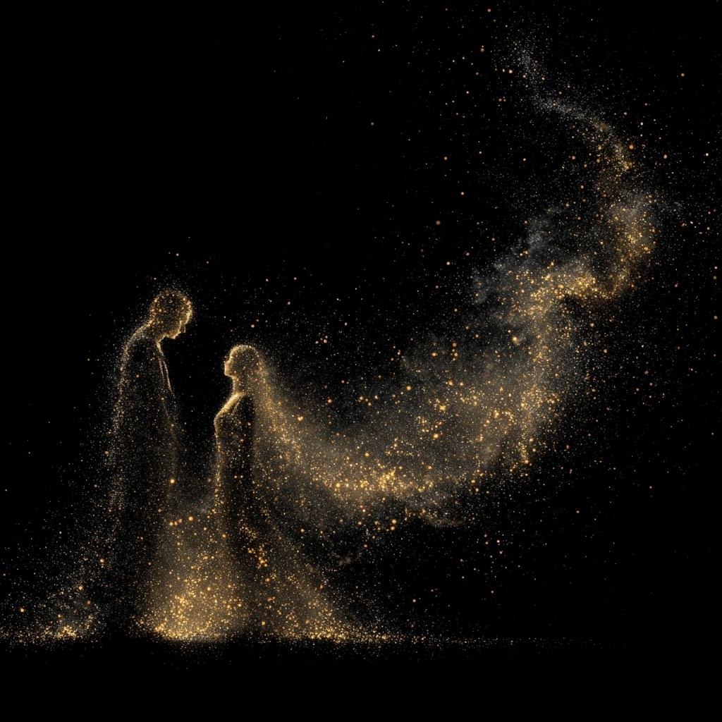 Cosmic timeline made of glowing stars across space, constellations forming moments of connection bet