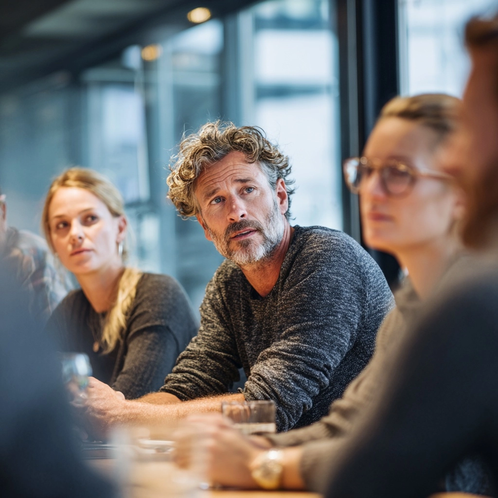 In a team meeting, several employees are sitting around a table. One person is speaking
