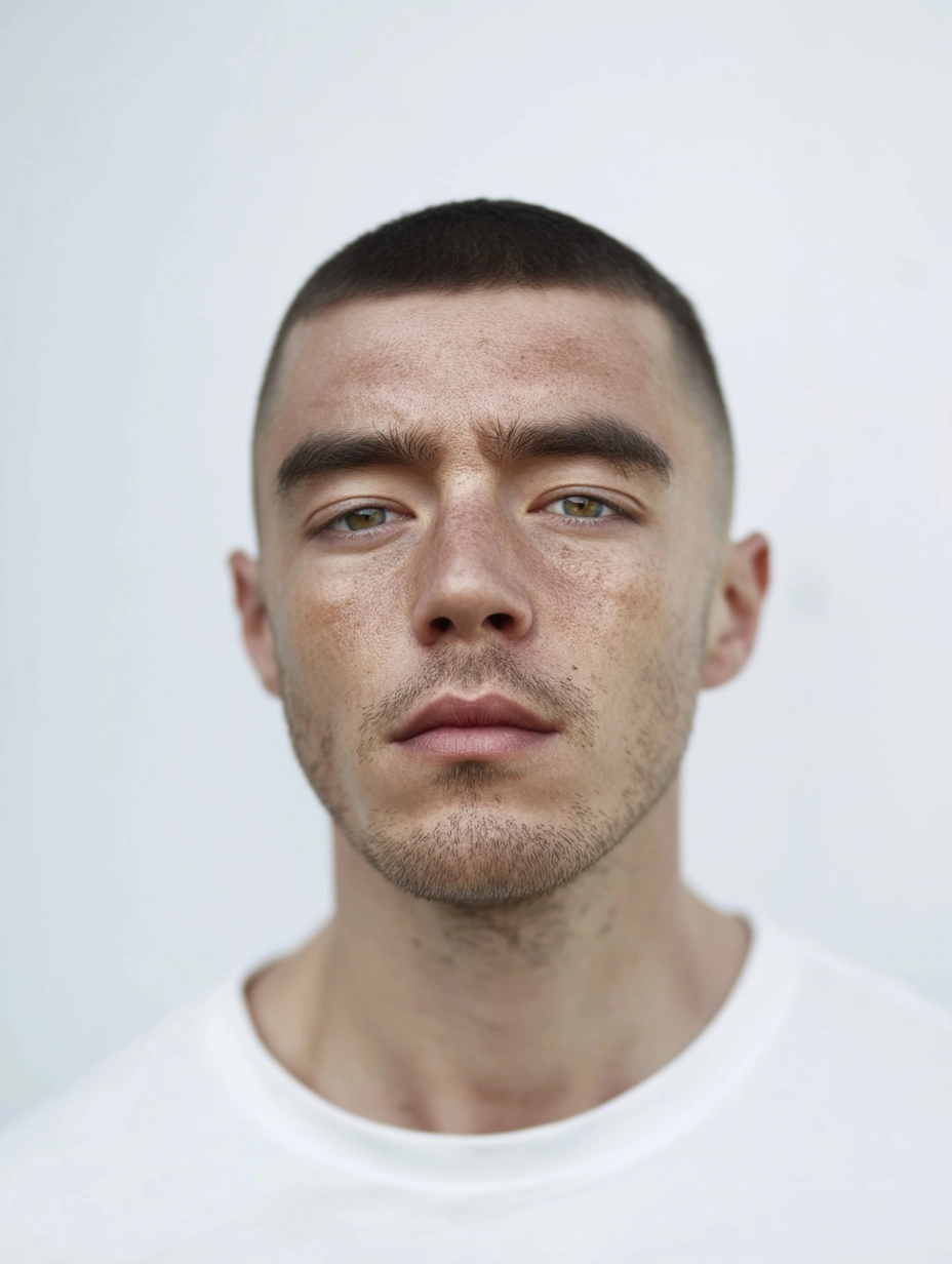 Portrait of a 25-30 year old european man, short natural hair, light stubble