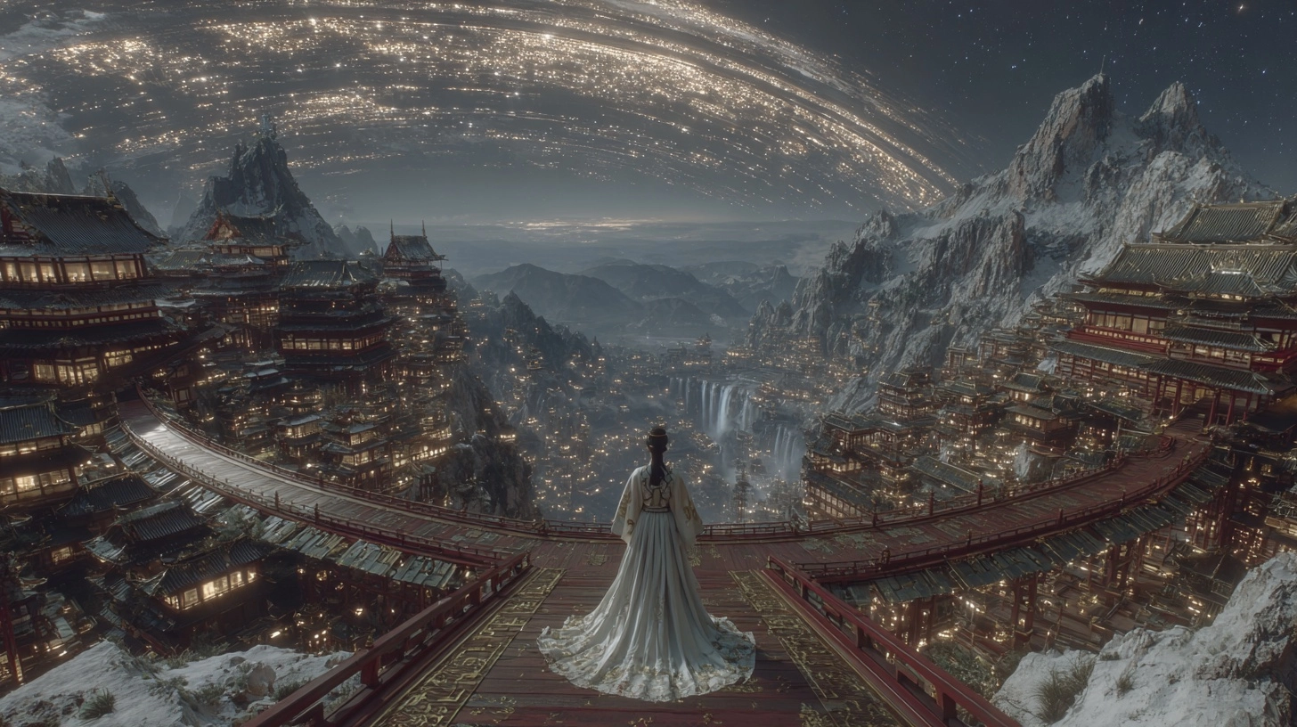 Photographic film still, epic cinematic shot, a tiny figure of a woman in Song dynasty Hanfu stands