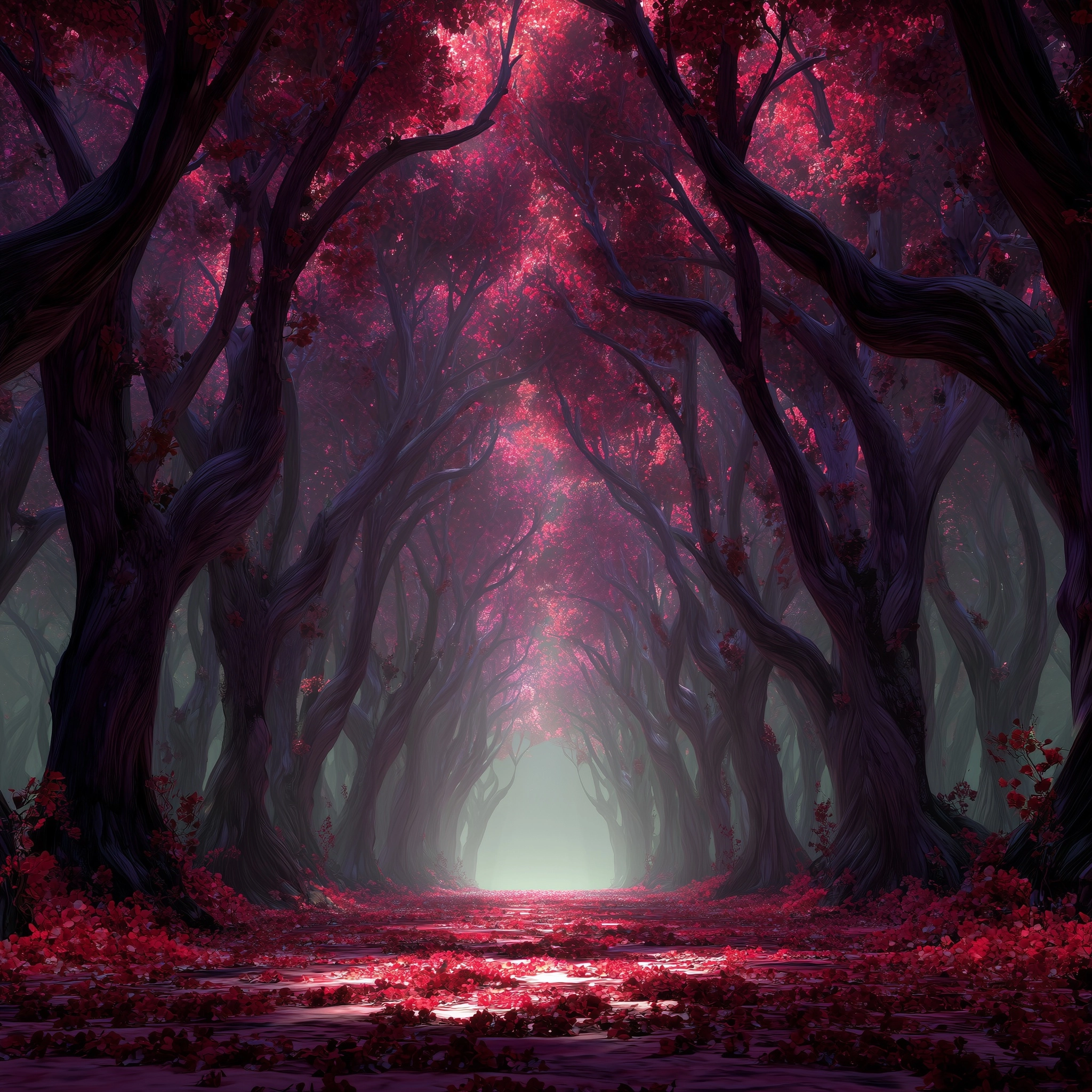 Symmetrical fantasy forest with a perfectly centered path