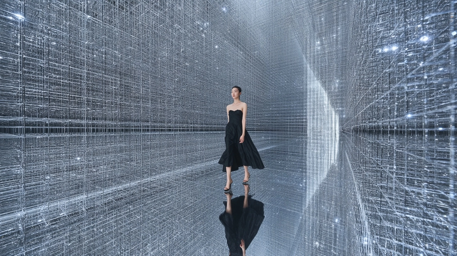Panoramic view of a grand fashion launch space, wide-angle lens