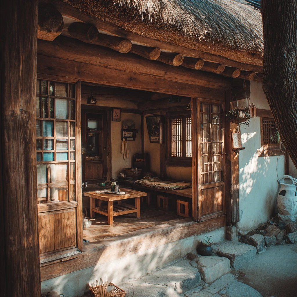 A photograph of a beautiful simple warm cozy cottage. It's a Korean cottage