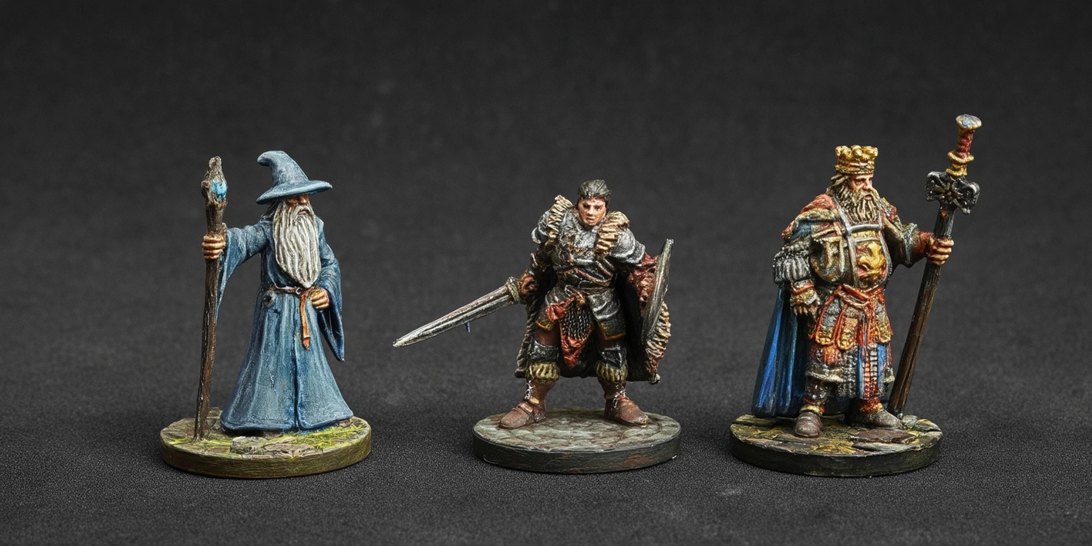Detailed statuettes of a wizard, a warrior and a king, all three made of plastic