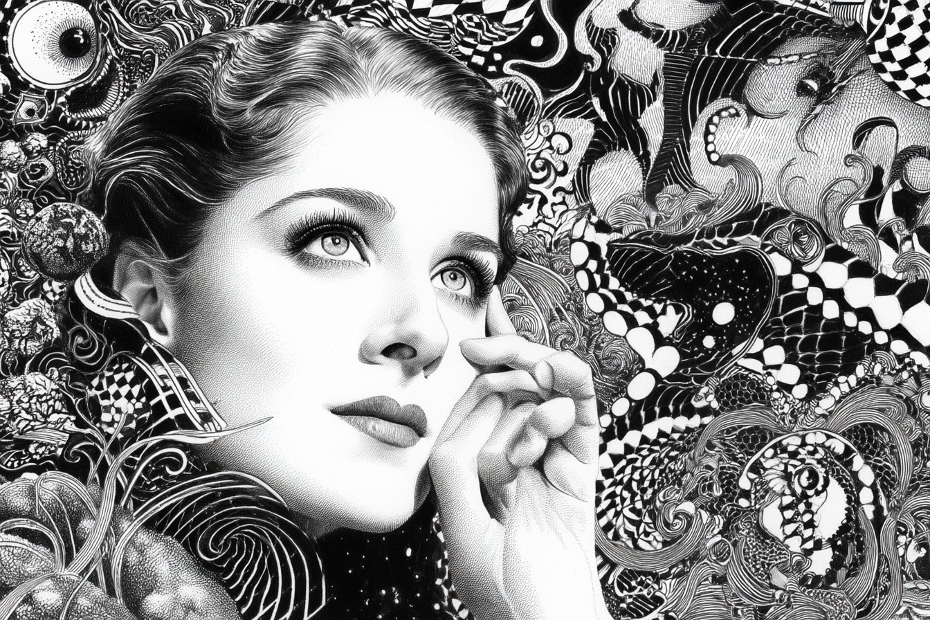 High-quality, realistic view of a Norma Shearer line drawing, pen-ink, Trompe-l'œil perspective