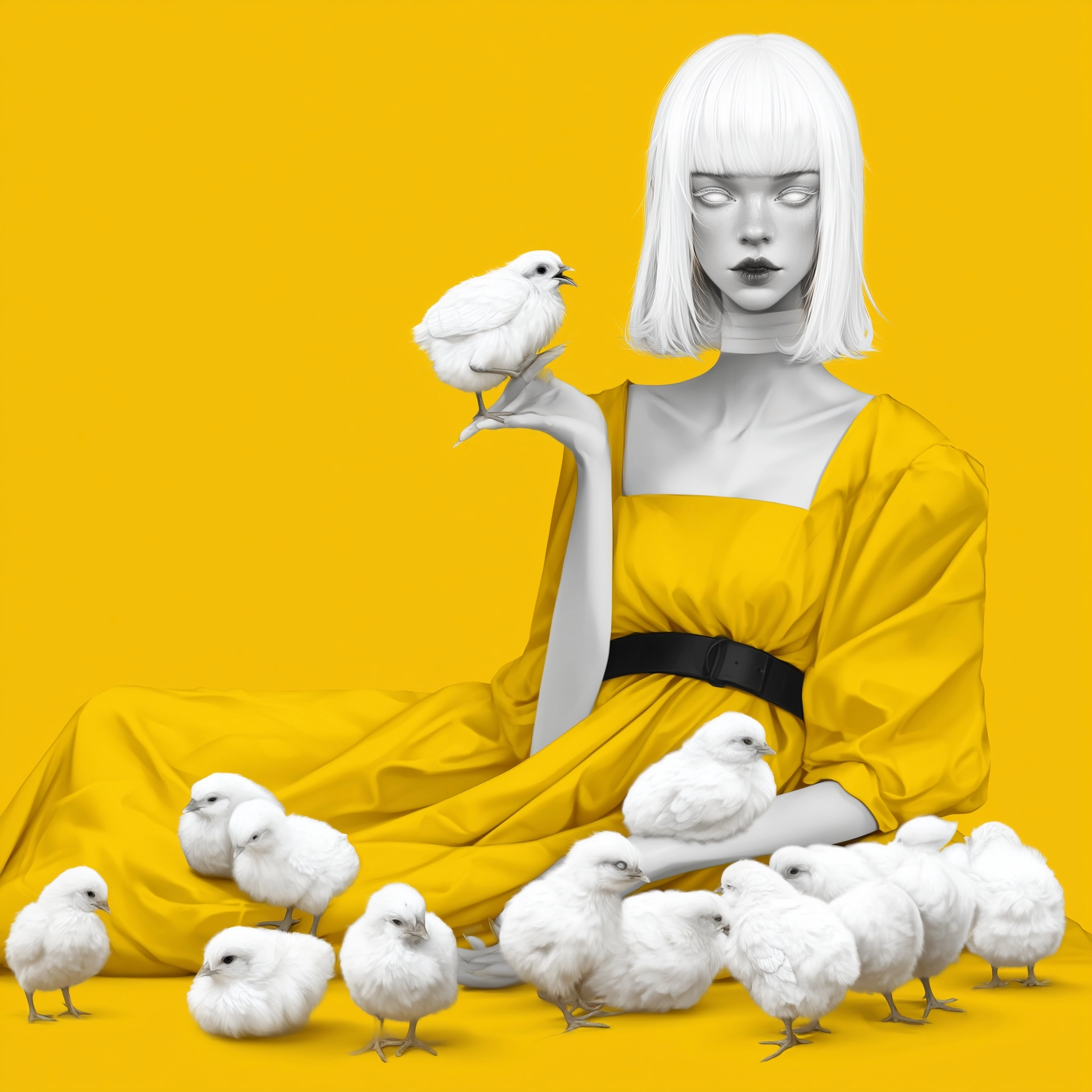 Black chicks come out of its mouth , an woman with white hair, white skin, white eyes, full lips