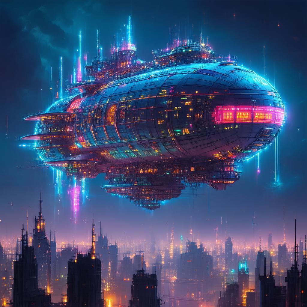 Colossal Neon Airship Above the Dystopian City